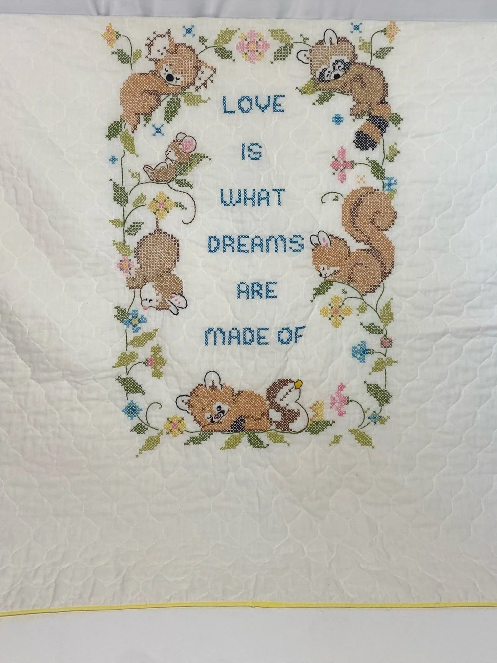 Vintage Cross Stitched Baby Quilt Animal Blanket Raccoon Squirrel